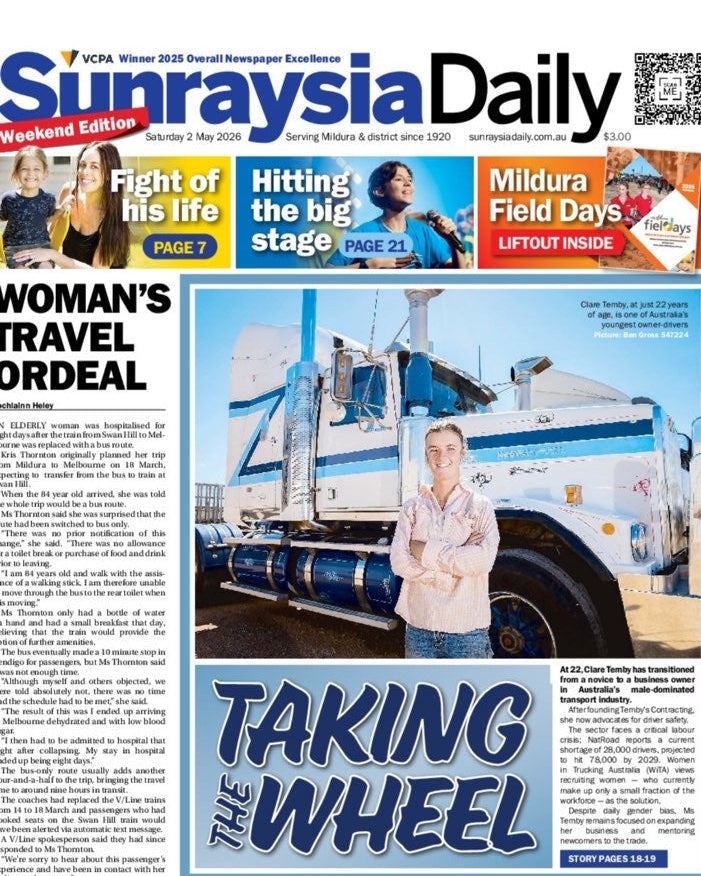 Sunraysia Daily newspaper front page with a woman and truck image.